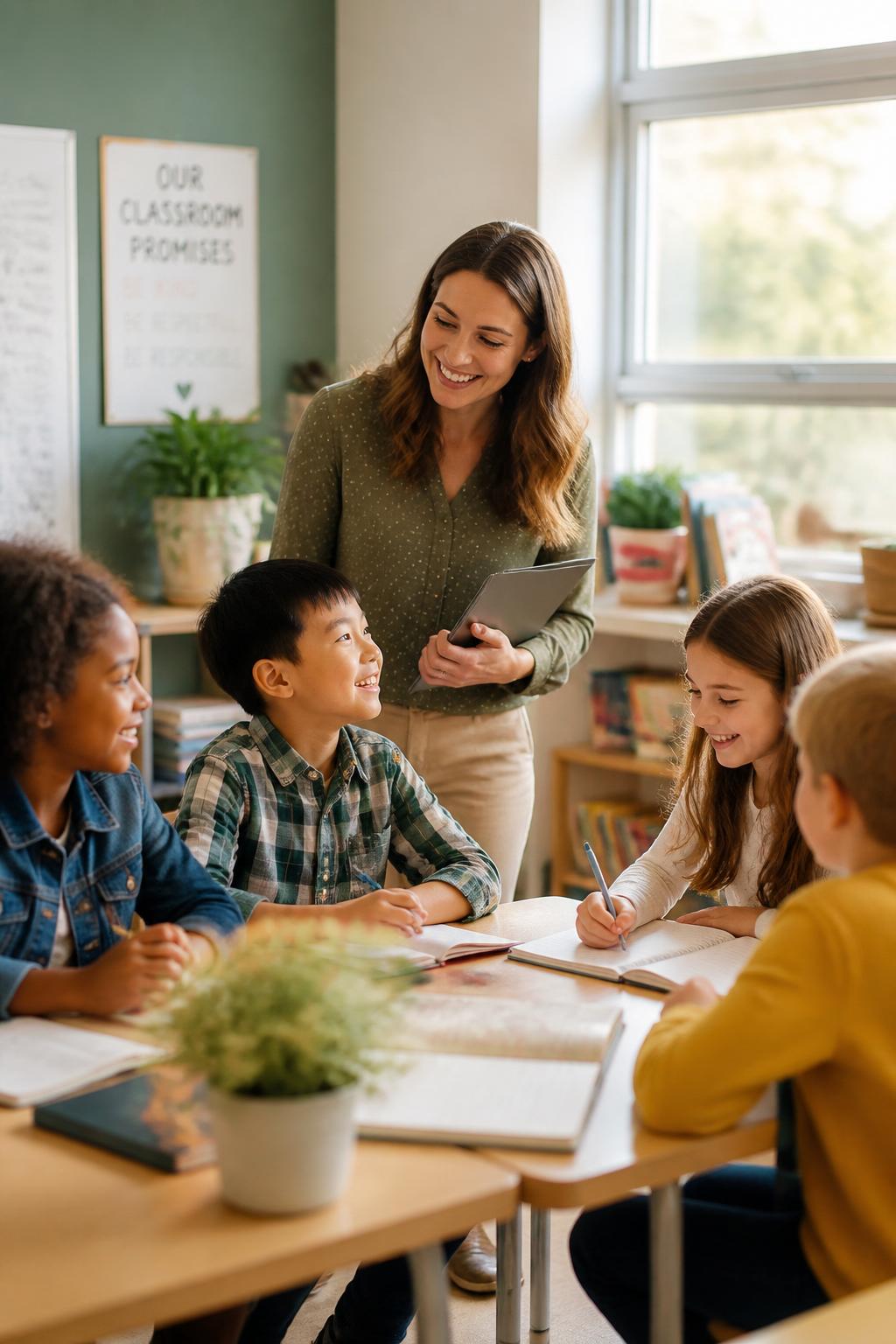 A teacher smiling with a small group of students in a bright, warm classroom